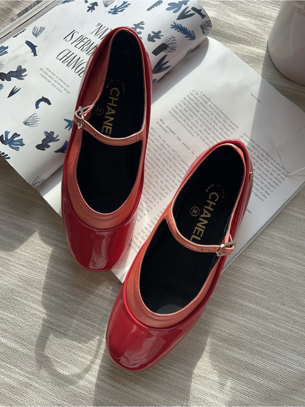 Chanel Coral Red Patent Leather Mary Jane Flats 35